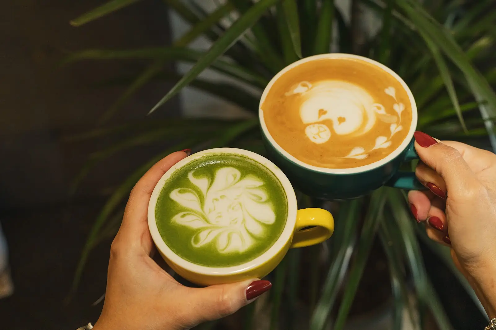 Un matcha latte en taza amarilla y un café en taza verde azulada entre plantas